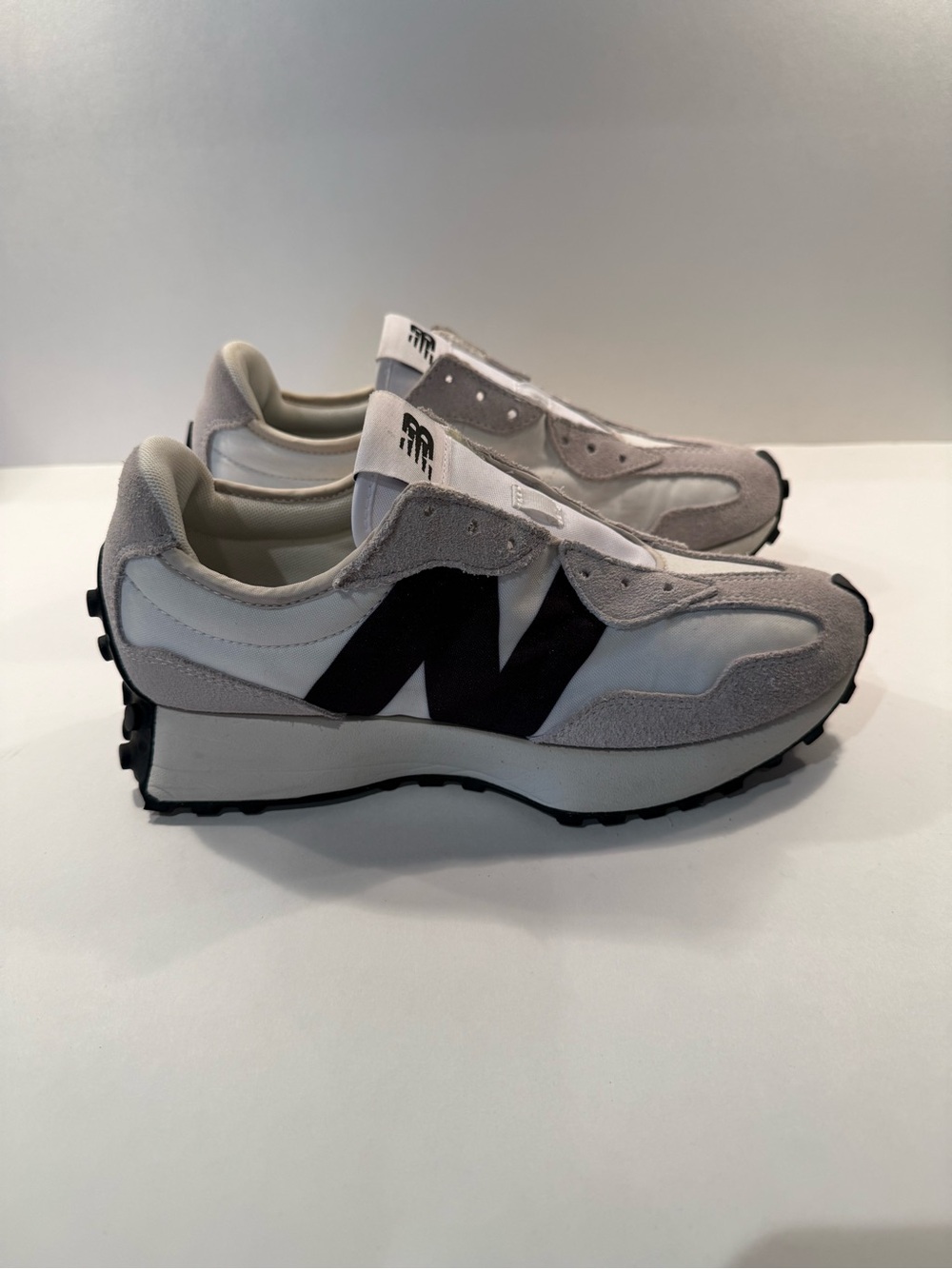 New Balance White, Light Gray & Black Retro-Style Sneakers (no laces)